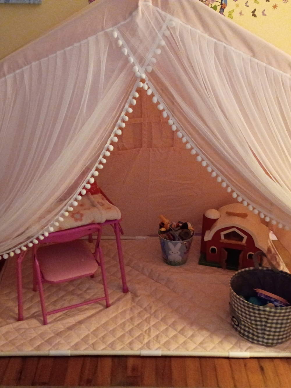 Kids Play Tent Canopy in Light Pink with Pom-Pom Trim